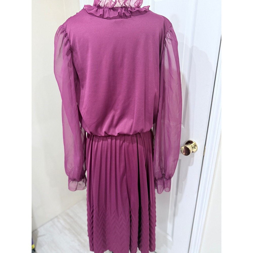 80s Pleated Midi Dress Ruffle Wrap Sheer Sleeve Plum Size 10 - Picture 2 of 6